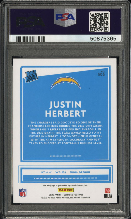 2020 Panini Donruss Justin Herbert #303 Autograph-Bronze PSA 9