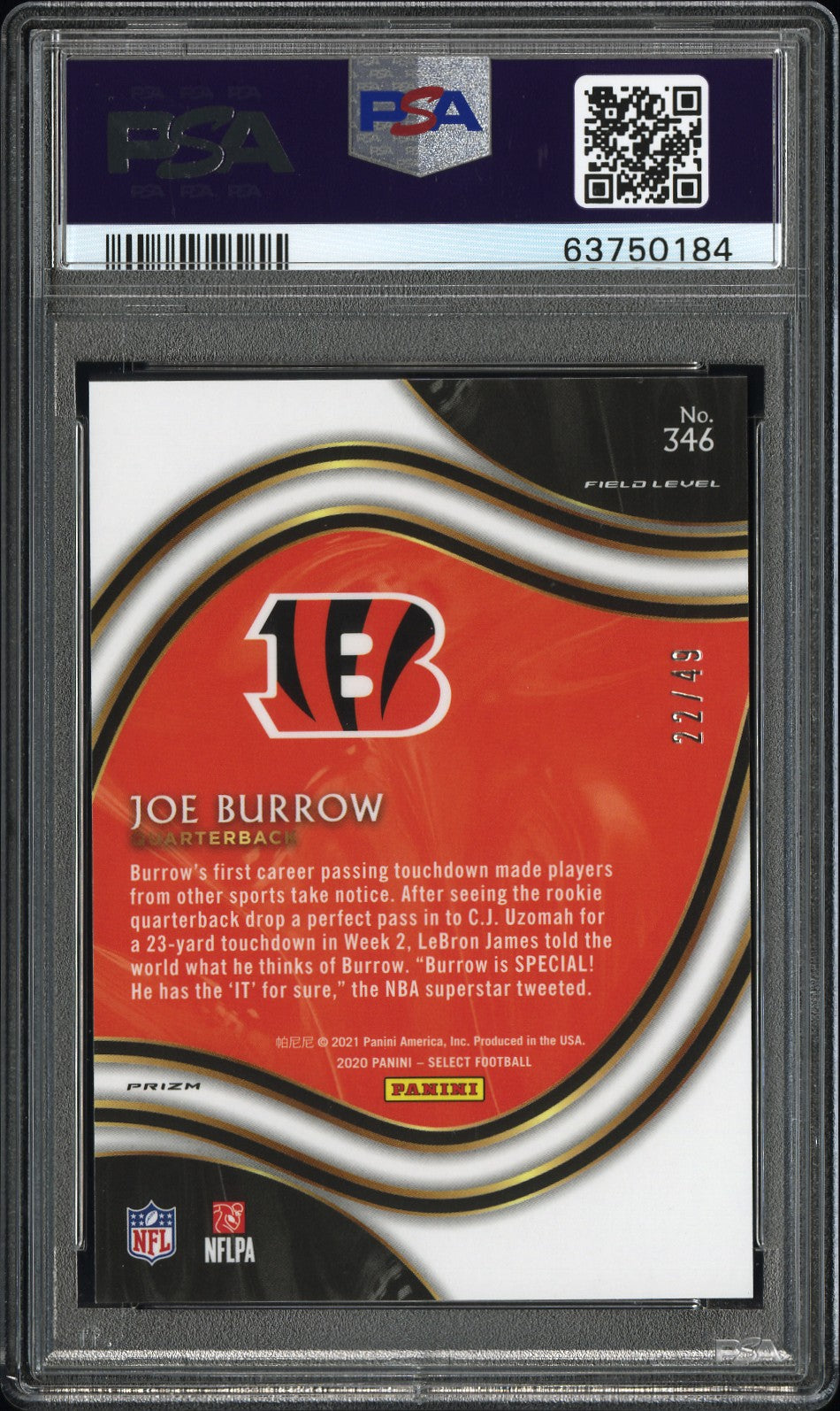 Joe Burrow 2020 Panini Select Blue Prizm #346 /49 GEM MT 10