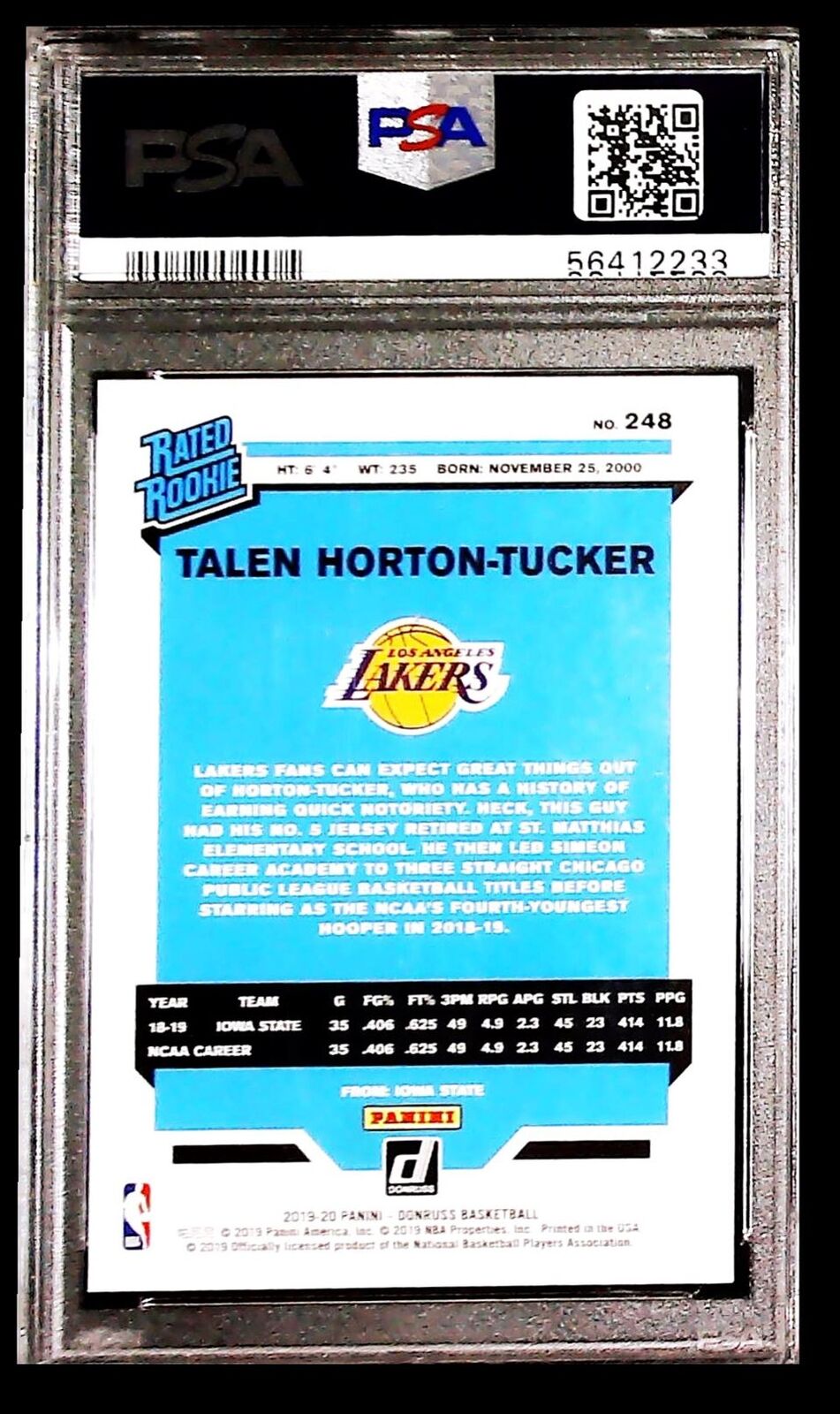 2019-20 Donruss Talen Horton-Tucker RC PSA 10 Los Angeles Lakers #248