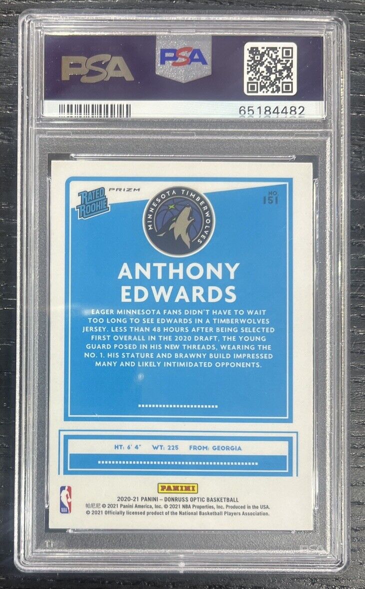 2020 Donruss Optic Anthony Edwards Rated Rookie Card 151 Graded PSA 10 GEM MINT