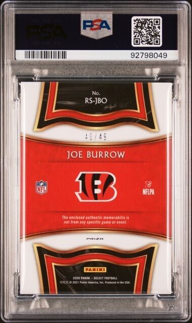 2020 Select Joe Burrow Rookie Swatches Coppe Prizm Jersey Relic RC #/49 PSA 10