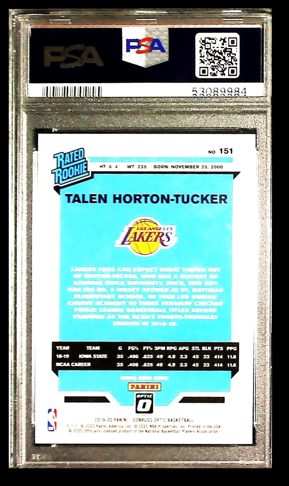 2019-20 Donruss Optic Blue Velocity Talen Horton-Tucker RC PSA 10 Los Angeles