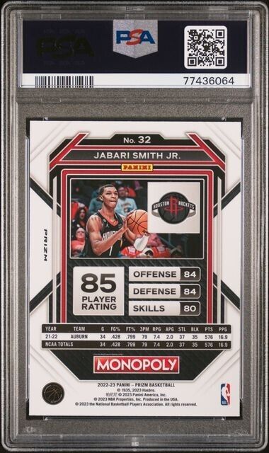 PSA 10 2022 Panini Prizm Jabari Smith Jr. Monopoly WHITE SPARKLE Rockets PSA 9