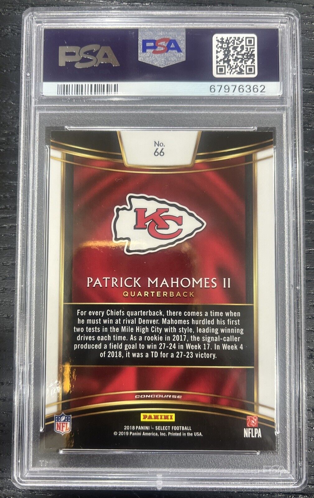 2018 Panini Select #66 Patrick Mahomes II Chiefs PSA 9 2nd Year