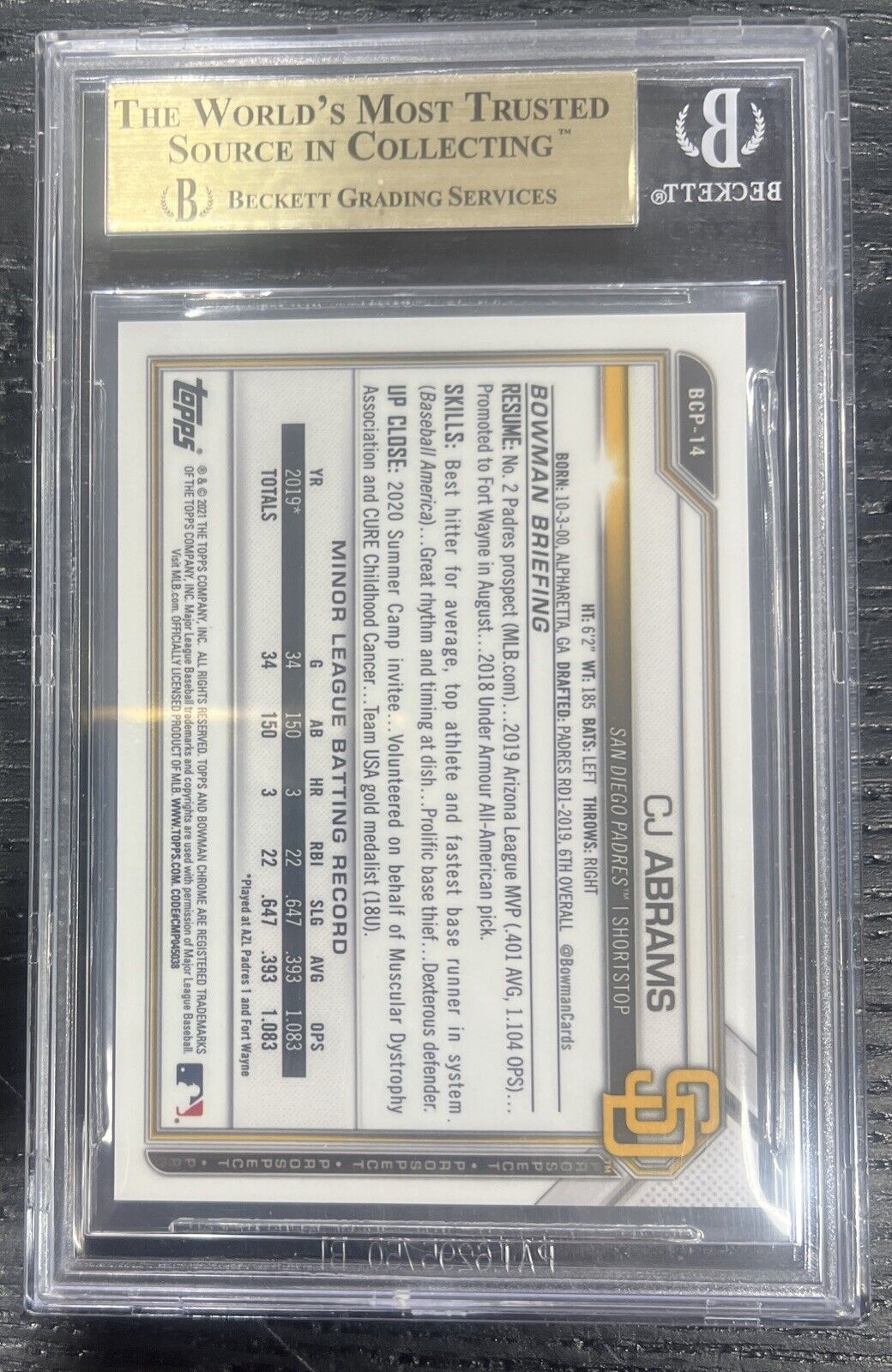 2021 Bowman Chrome Sapphire CJ Abrams Padparadscha Refractor 1/1 BGS 9.5