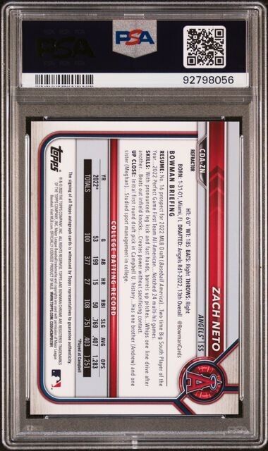 2022 Bowman Chrome Draft Zach Neto REFRACTOR AUTO /499 AUTO PSA 10