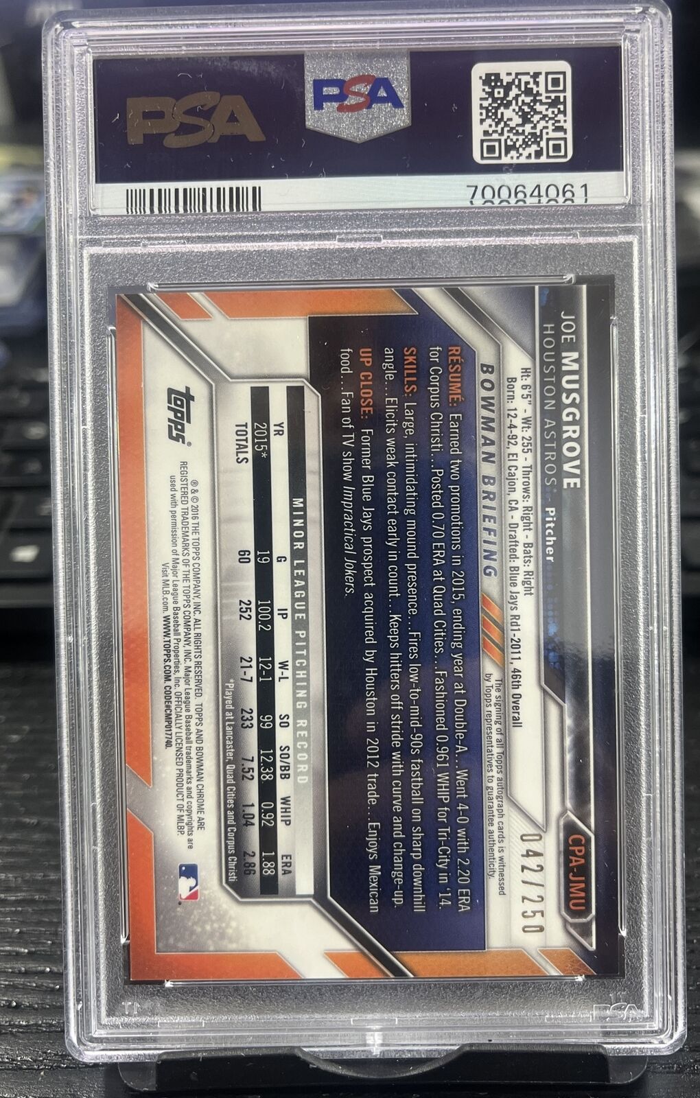 2016 Bowman Chrome Joe Musgrove Auto Purple Refractor /250 PSA 9
