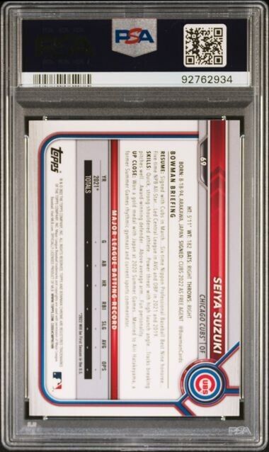 2022 Bowman Chrome Sapphire Seiya Suzuki RC Rookie Aqua #69 /99 PSA 10