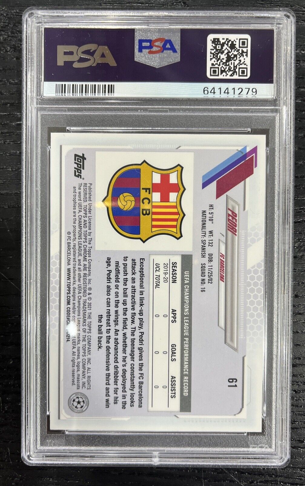 Pedri 2020-21 Topps Chrome UCL Sapphire Refractor Rookie #61 PSA 10