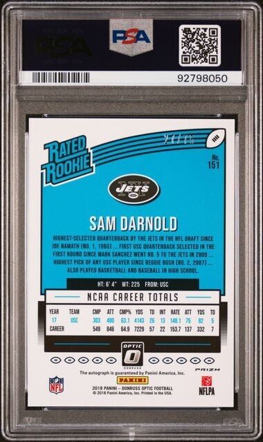 SAM DARNOLD 2018 DONRUSS OPTIC RATED ROOKIE BLUE PRIZM RC AUTO /75 PSA 9