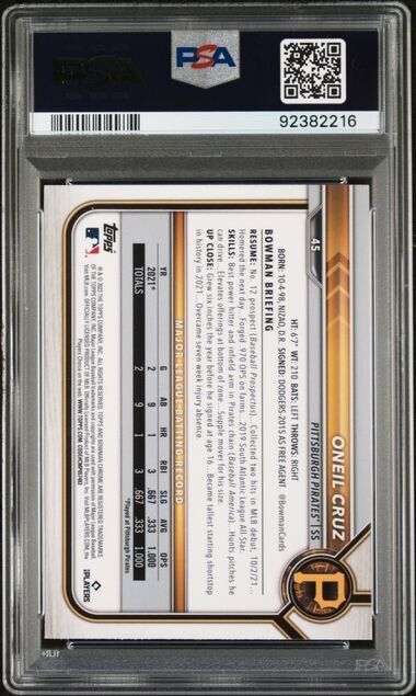 2022 Bowman Chrome Sapphire Oneil Cruz RC Rookie #45 PSA 10