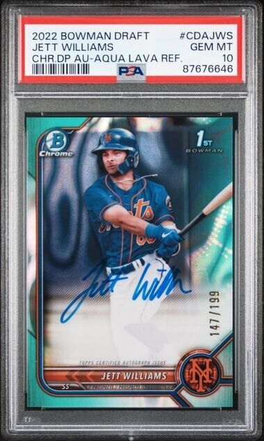 2022 Bowman Chrome Jett Williams Aqua Lava AUTO #CDA-JWS /199 PSA 10