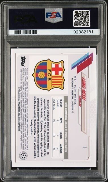 Lionel Messi 2020-21 Topps Chrome UCL Sapphire Refractor SP Rookie PSA 10