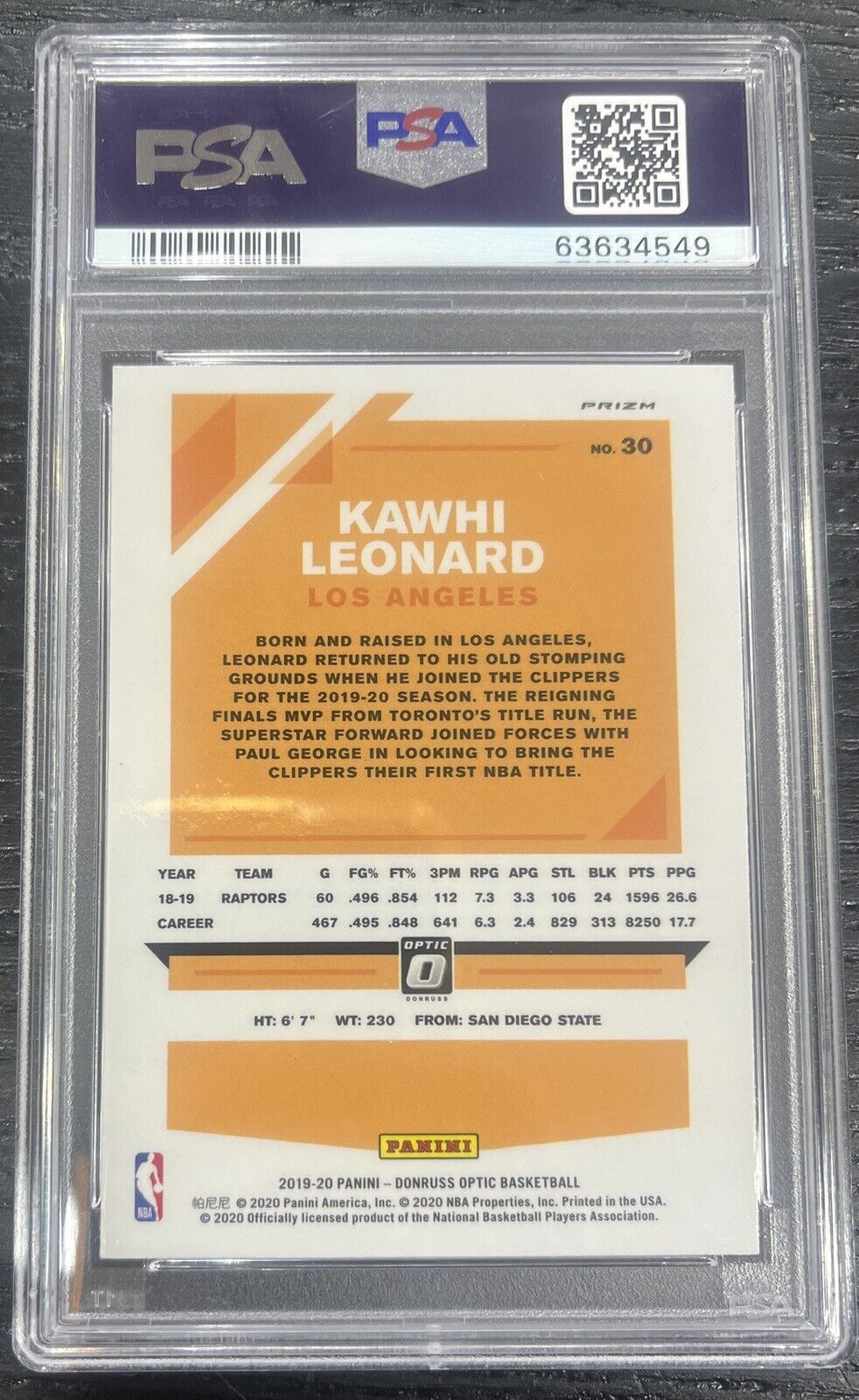 2019-20 Panini Donruss Optic Choice Dragon Prizm Kawhi Lenard #30 PSA 10
