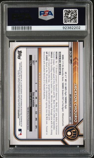 2022 Bowman 1st Sapphire Jackson Chourio Rookie #BCP79 RC PSA 10