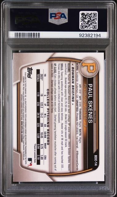 2023 1st Bowman Draft Chrome Refractor Paul Skenes BDC-14 RC STAR PSA 10