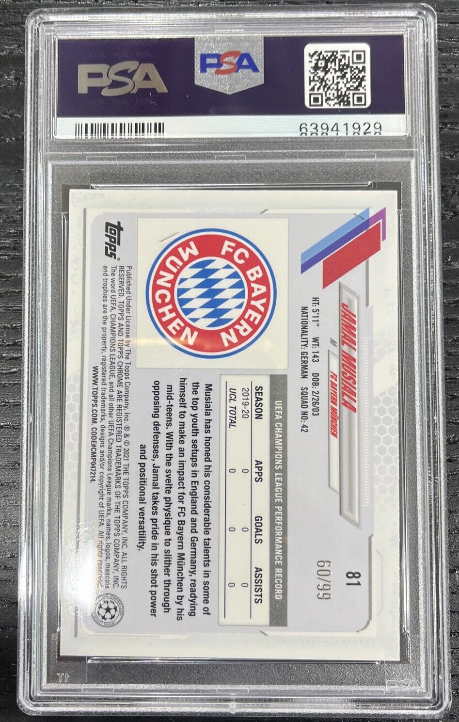 Jamal Musiala 2020-21 Topps Chrome UCL Yellow Sapphire Rookie /99 PSA 10