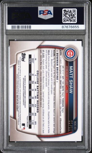 Matt Shaw 2023 Bowman Draft SP Image Variation Auto #/99 RC #BDC-33 PSA 9