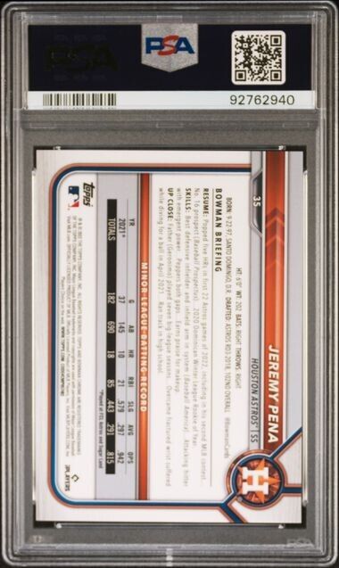 2022 Bowman Chrome Sapphire Jeremy Pena RC Rookie Yellow #35 /50 PSA 10