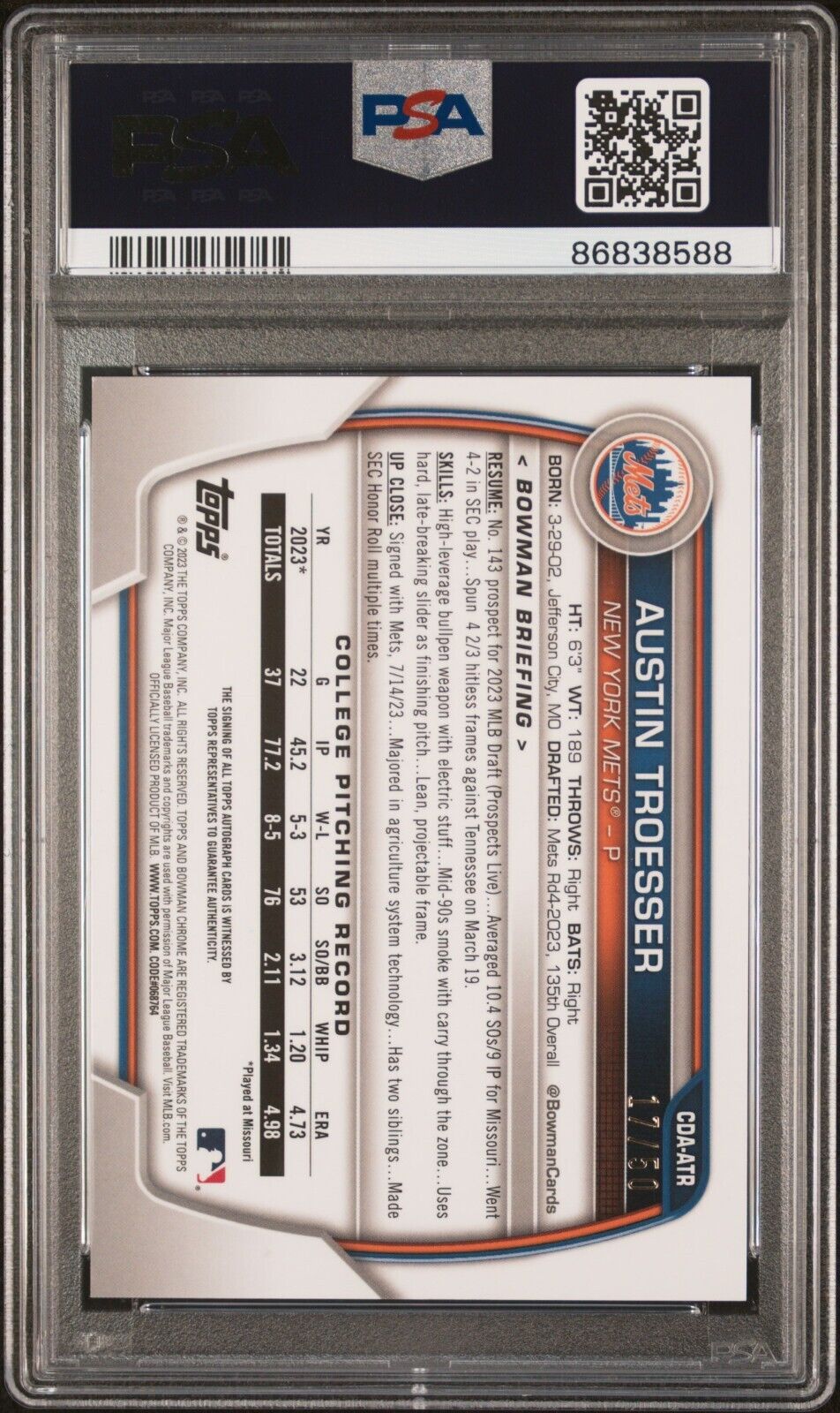 2023 Bowman Draft Austin Troesser 1st Bowman Gold Wave Auto /50 PSA 8