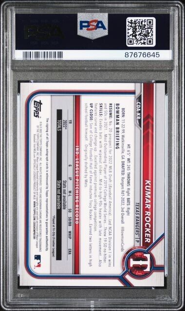 2022 Bowman Chrome Kumar Rocker Sparkle Refractor Auto #CDA-KR /71 PSA 10