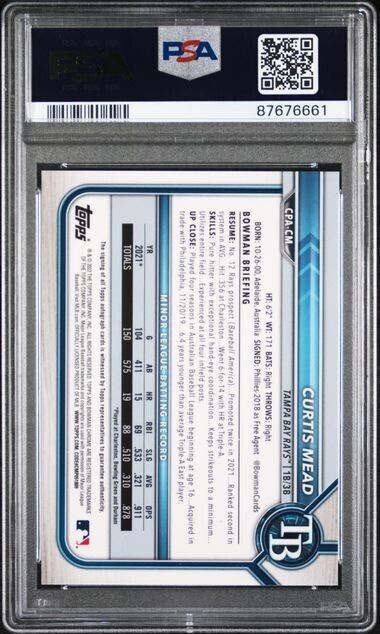 2022 Bowman Chrome Curtis Mead Gold Shimmer AUTO /50 #CPA-CM PSA 10