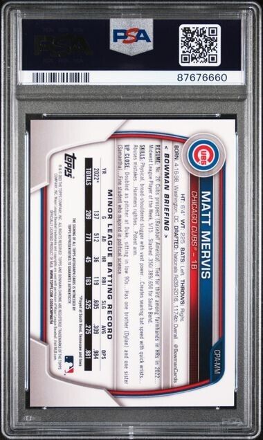 2023 Bowman Draft Matt Mervis Blue Refractor Auto CPA-MM /150 PSA 10
