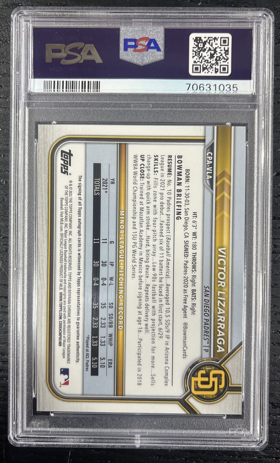 2022 BOWMAN CHROME VICTOR LIZARRAGA 1ST /250 AUTO Purple Refractor PSA 9