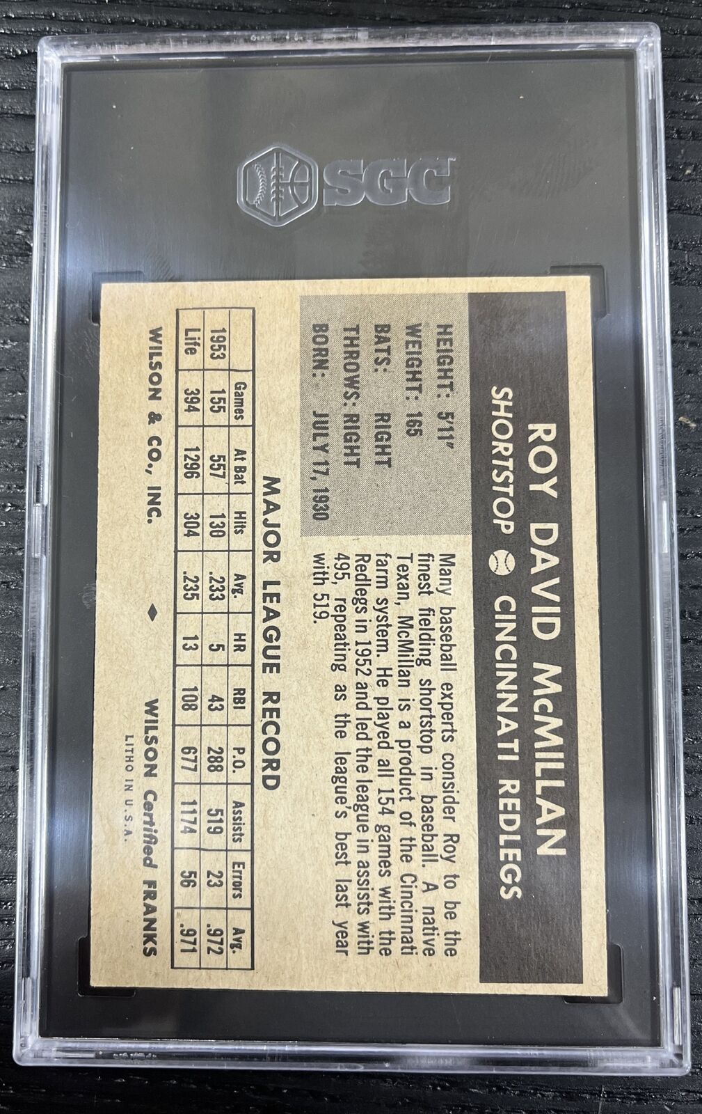 1954 Wilson Franks Roy McMillan Cincinnati Redlegs SGC 6
