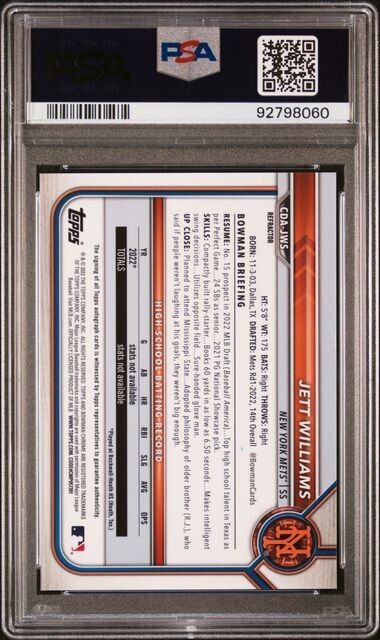 2022 Bowman Draft Jett Williams Refractor Auto CDA-JWS /499 PSA 10