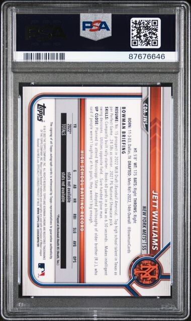 2022 Bowman Chrome Jett Williams Aqua Lava AUTO #CDA-JWS /199 PSA 10