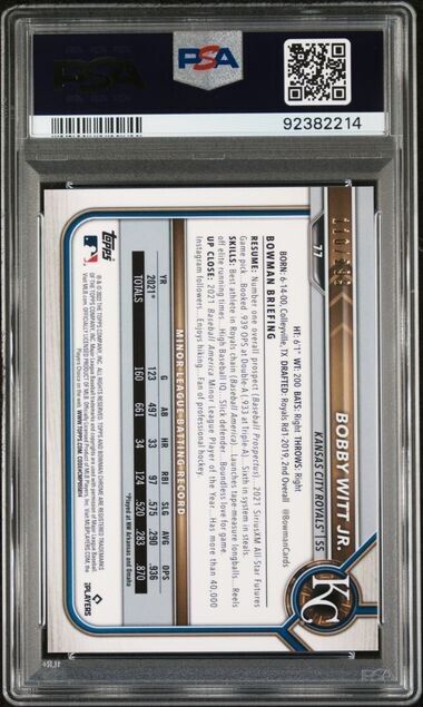 2022 Bowman Chrome Bobby Witt Jr RC Fuchsia Refractor /299 #77 PSA 9 Mint Royals