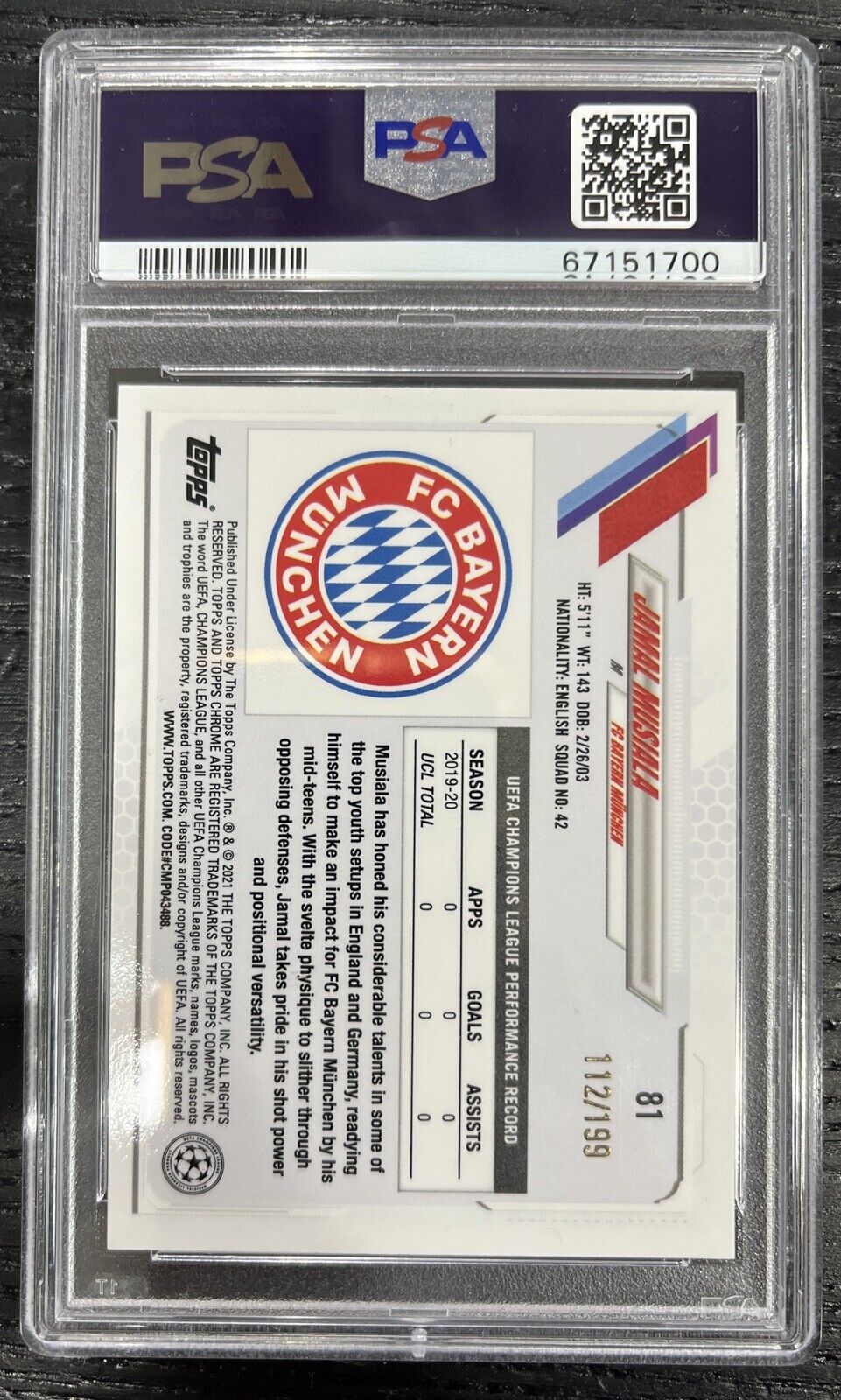 JAMAL MUSIALA 2020-21 TOPPS CHROME UCL AQUA ROOKIE REFRACTOR RC /199 PSA 9