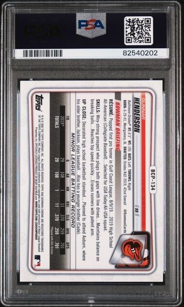 2020 Bowman Chrome Gunnar Henderson Aqua Refractor #BCP-134 /125 PSA 9