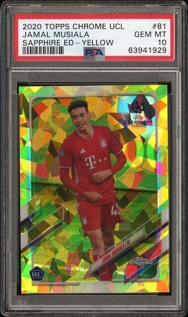 Jamal Musiala 2020-21 Topps Chrome UCL Yellow Sapphire Rookie /99 PSA 10