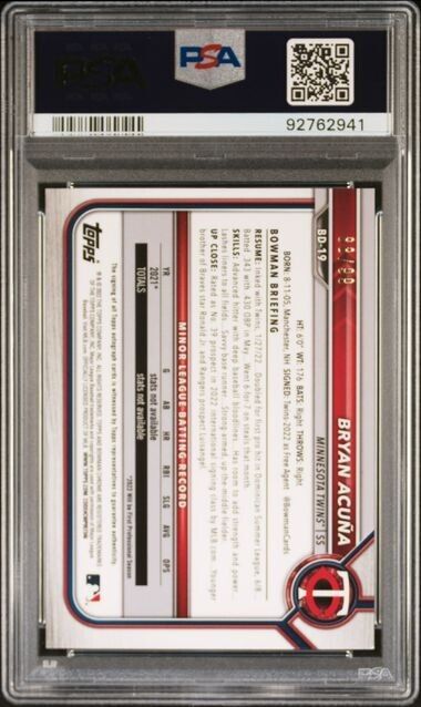 2022 Bowman Draft Bryan Acuna SP Variation BD19 Twins RC /99 PSA 9