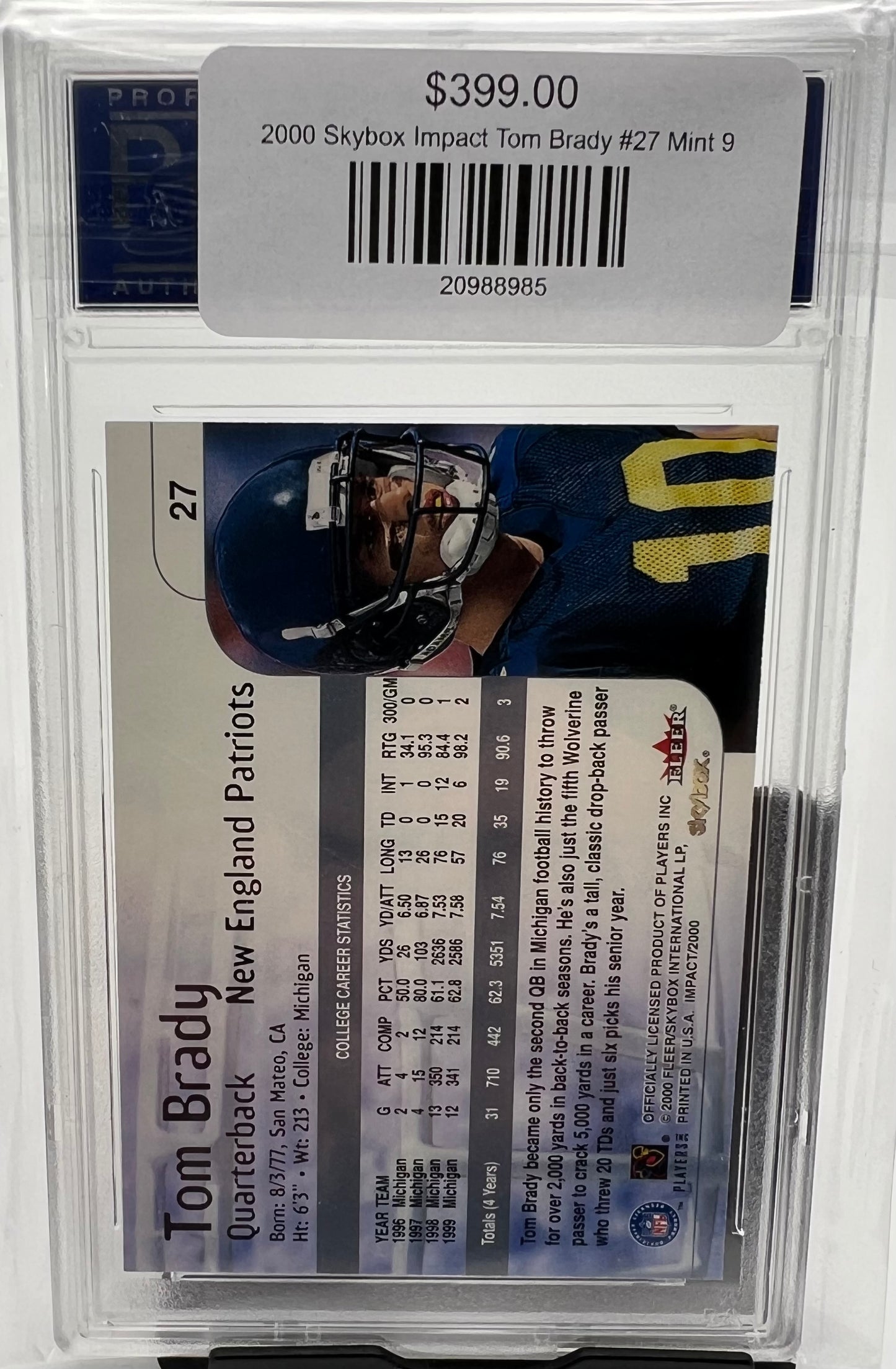 2000 Skybox Impact Tom Brady #27 Mint 9 RC