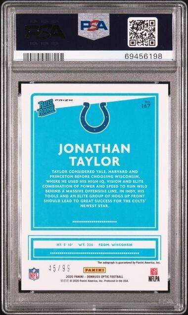 2020 Donruss Optic JONATHAN TAYLOR Rated Rookie Auto Holo 45/99 PSA 10 Football