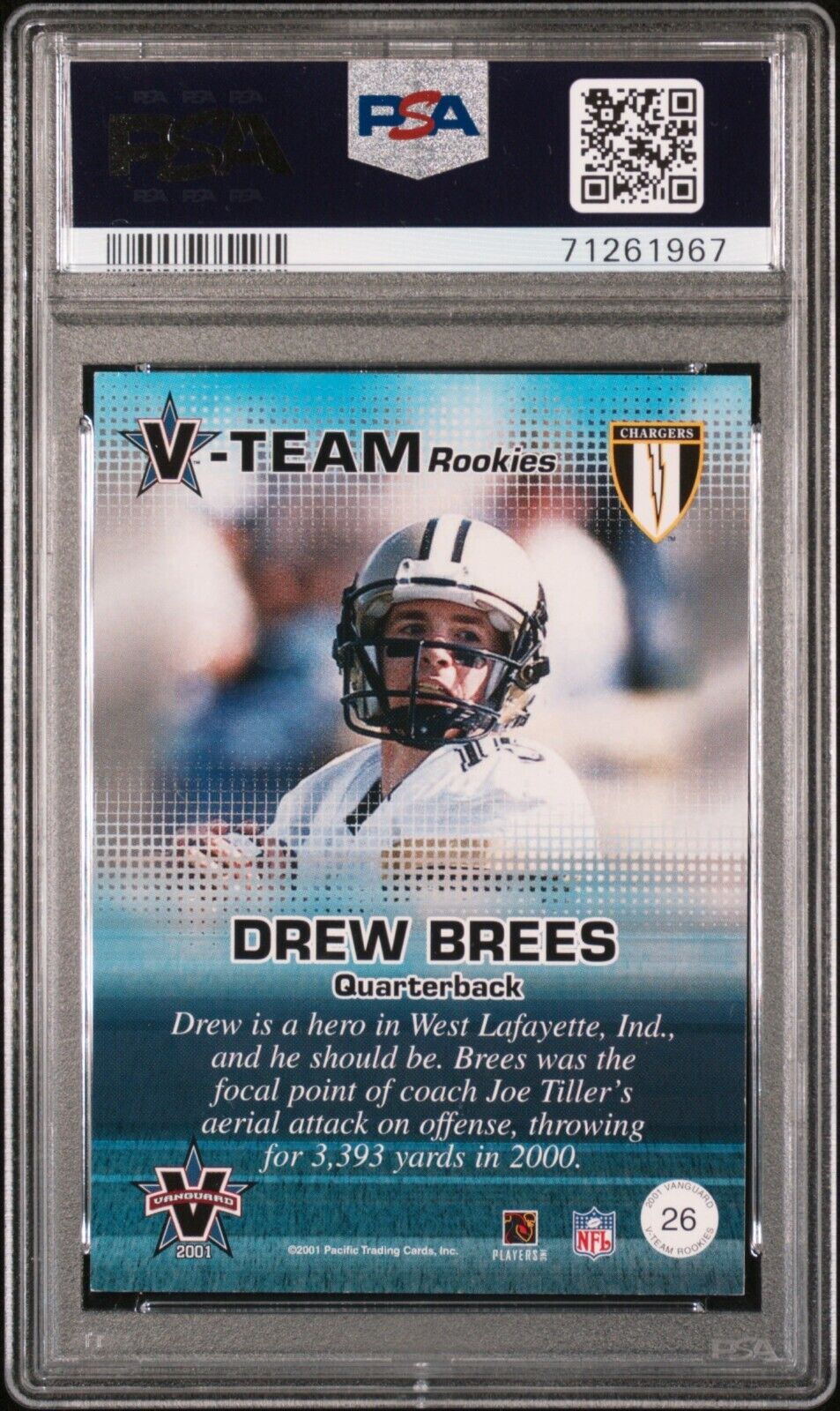 Drew Brees 2001 Pacific Vanguard V-Team Rookies #26 Rookie SP /999 (NM) Auto