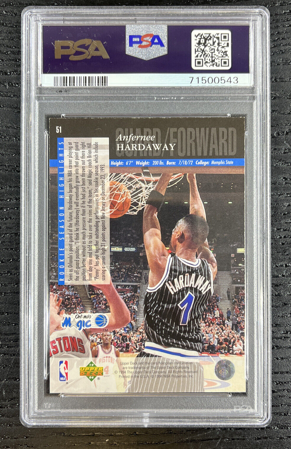 1993-94 Upper Deck SE Electric Court GOLD Anfernee (Penny) Hardaway RC #51 PSA 8