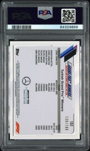 2021 Topps Formula 1 F1 #151 LEWIS HAMILTON AQUA #/199 PSA 10 GEM MINT