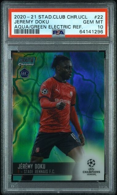 2020 Topps Stadium Club Chrome Jeremy Doku AQUA GREEN ELECTRIC REFRACTOR /150 RC