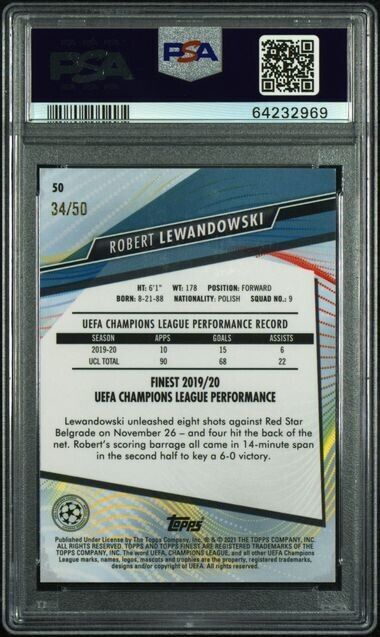 2020 Finest UCL Robert Lewandowski Gold Refractor /50 PSA 9