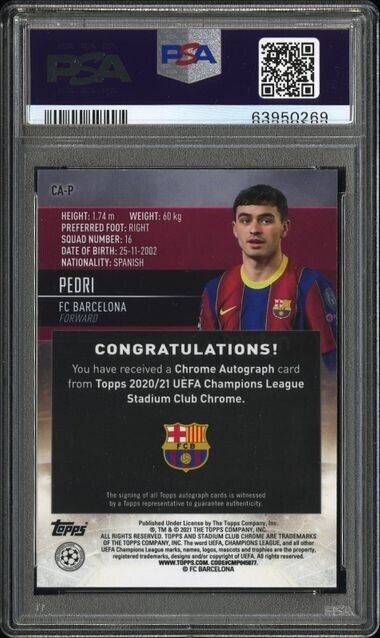 2020 Topps Stadium Club Chrome Pedri Chrome RC Rookie Auto #P PSA 9
