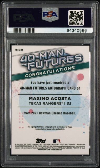 2021 Bowman Chrome Maximo Acosta 40 Man Futures RC Auto #/99 PSA 10