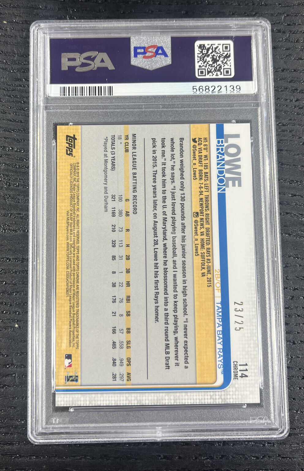 2019 Topps Chrome Brandon Lowe /25 rookie RC sapphire orange refractor PSA 10