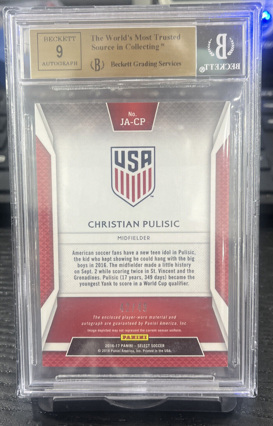 2016-17 Panini Select Christian Pulisic Jersey Auto Rookie /49 RC BGS 9.5 auto 9