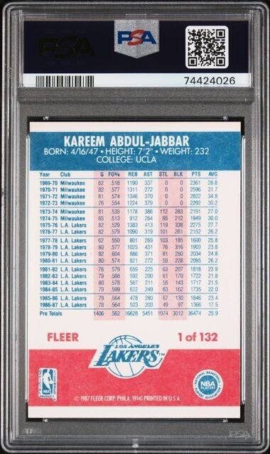 1987 Fleer #1 Kareem Abdul-Jabbar Los Angeles Lakers PSA 7