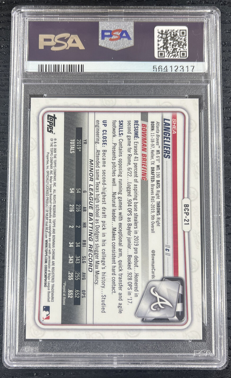 2020 Bowman Chrome Red Sapphire Shea Langeliers /15 Atlanta Braves PSA 10