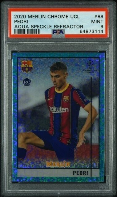 2020 Topps Merlin Chrome UCL Soccer Aqua Speckle Refractor Pedri RC /175 PSA 9